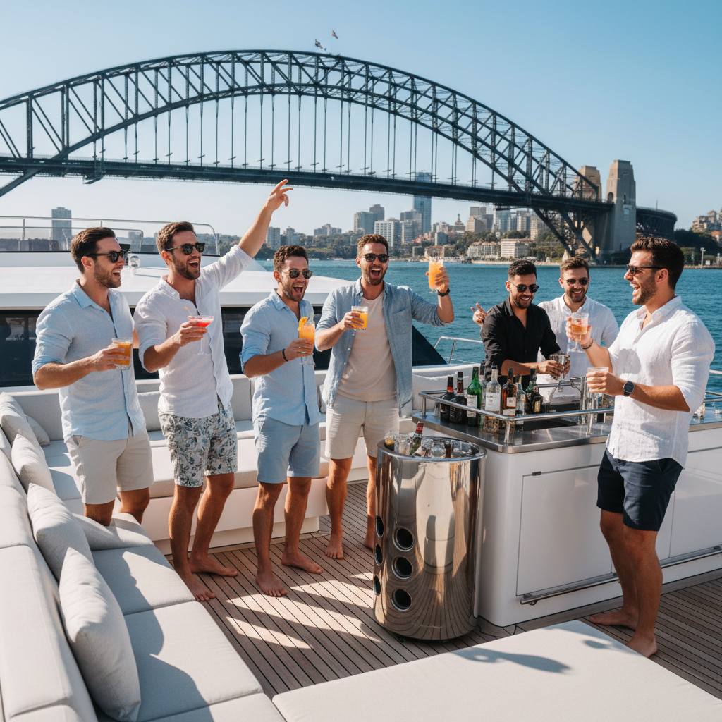 Group celebrating a bucks party on a private catamaran on Sydney Harbour