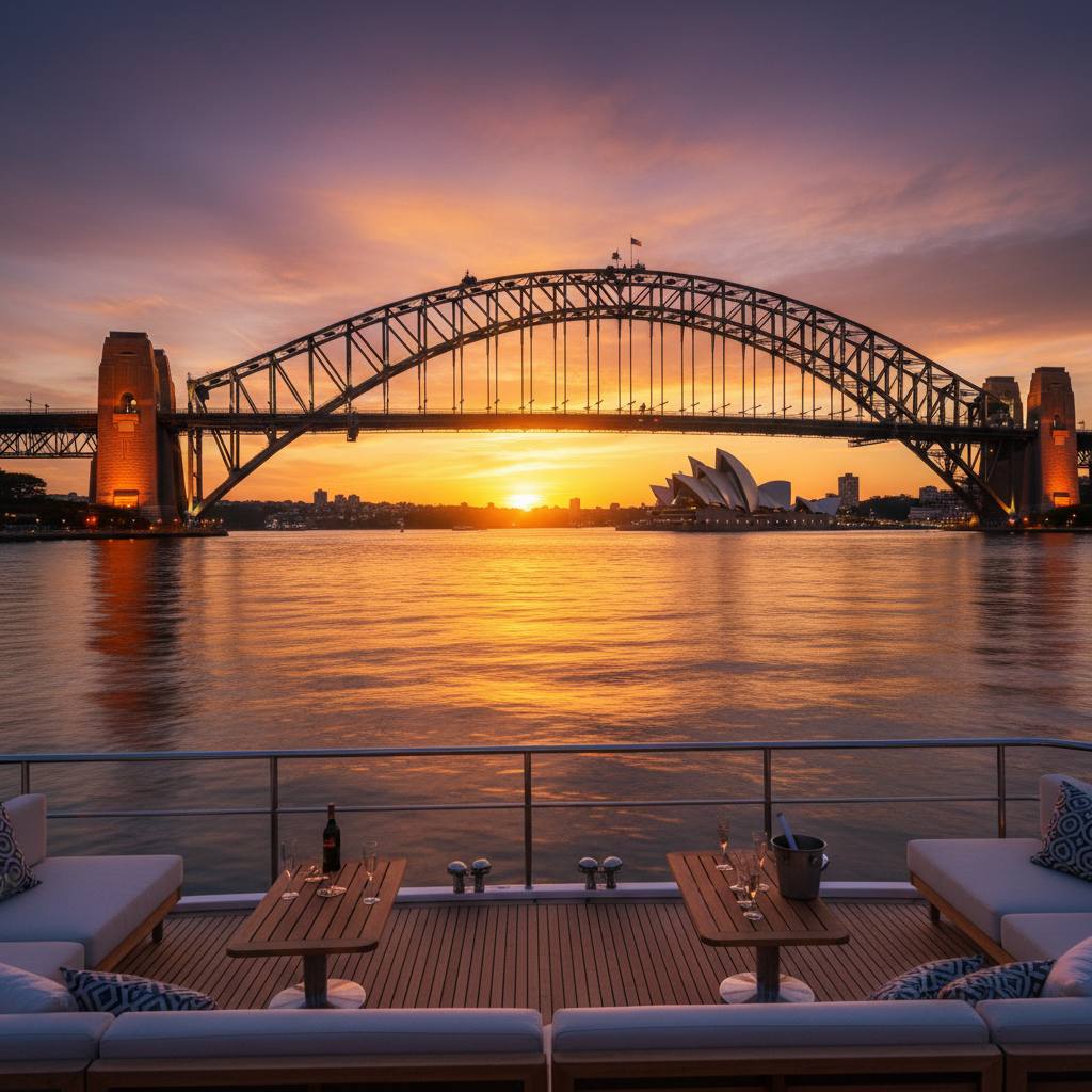 Sunset view from a catamaran charter on Sydney Harbour
